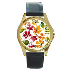 Beautiful Autumn Leaves Vector Round Gold Metal Watch by Nexatart