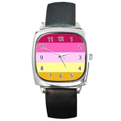 Red Orange Yellow Pink Sunny Color Combo Striped Pattern Stripes Square Metal Watch by yoursparklingshop