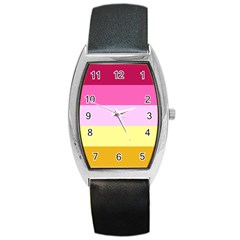 Red Orange Yellow Pink Sunny Color Combo Striped Pattern Stripes Barrel Style Metal Watch by yoursparklingshop