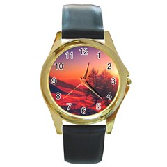 Italy Sunrise Sky Clouds Beautiful Round Gold Metal Watch by Simbadda