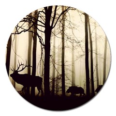 Forest Fog Hirsch Wild Boars Magnet 5  (round) by Simbadda