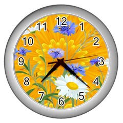 Flowers Daisy Floral Yellow Blue Wall Clocks (silver)  by Simbadda