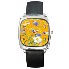 Flowers Daisy Floral Yellow Blue Square Metal Watch by Simbadda