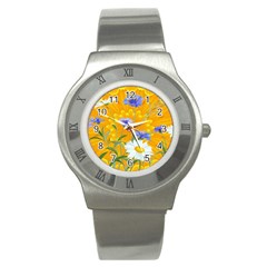 Flowers Daisy Floral Yellow Blue Stainless Steel Watch by Simbadda