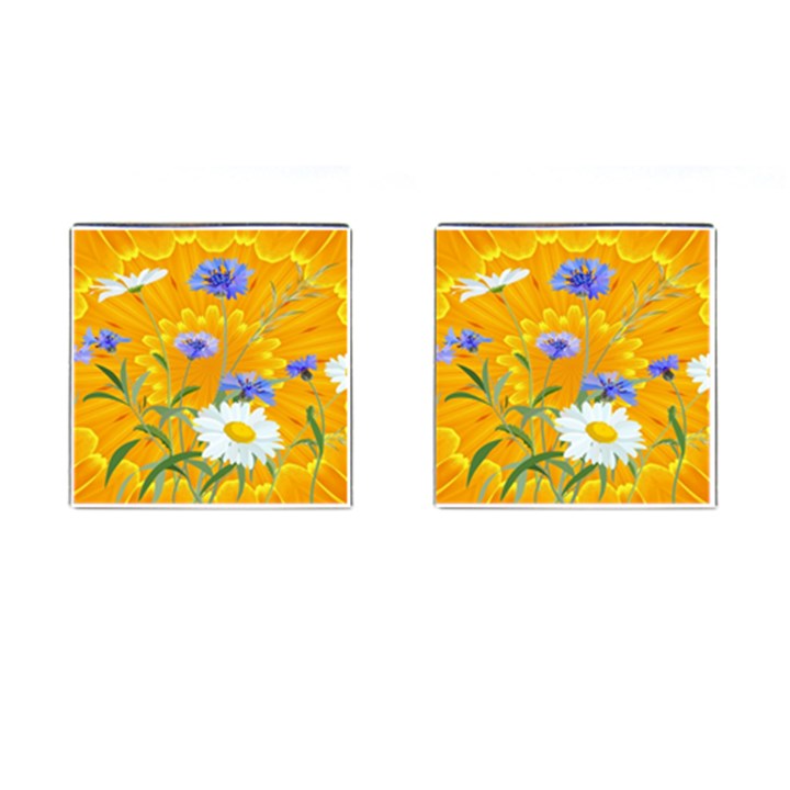 Flowers Daisy Floral Yellow Blue Cufflinks (Square)