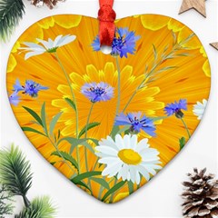 Flowers Daisy Floral Yellow Blue Heart Ornament (two Sides) by Simbadda