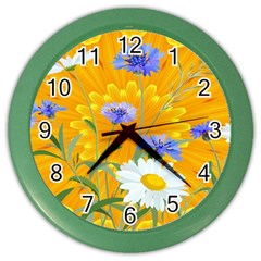 Flowers Daisy Floral Yellow Blue Color Wall Clocks by Simbadda