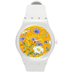 Flowers Daisy Floral Yellow Blue Round Plastic Sport Watch (m) by Simbadda