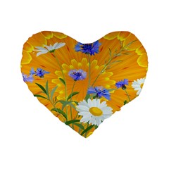 Flowers Daisy Floral Yellow Blue Standard 16  Premium Heart Shape Cushions by Simbadda