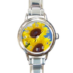 Sunflower Floral Yellow Blue Sky Flowers Photography Round Italian Charm Watch by yoursparklingshop