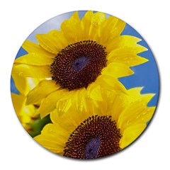 Sunflower Floral Yellow Blue Sky Flowers Photography Round Mousepads by yoursparklingshop