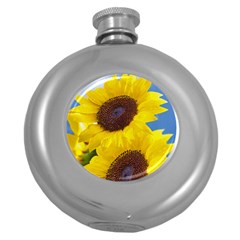 Sunflower Floral Yellow Blue Sky Flowers Photography Round Hip Flask (5 Oz) by yoursparklingshop