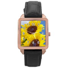 Sunflower Floral Yellow Blue Sky Flowers Photography Rose Gold Leather Watch  by yoursparklingshop