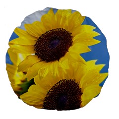 Sunflower Floral Yellow Blue Sky Flowers Photography Large 18  Premium Flano Round Cushions by yoursparklingshop