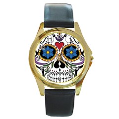 Cranium Sugar Skull Round Gold Metal Watch by StarvingArtisan