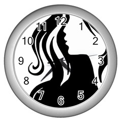 Long Haired Sexy Woman  Wall Clocks (silver)  by StarvingArtisan