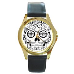 Sugar Skull Round Gold Metal Watch