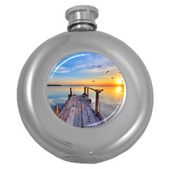 Sunset Lake Beautiful Nature Round Hip Flask (5 Oz) by Modern2018