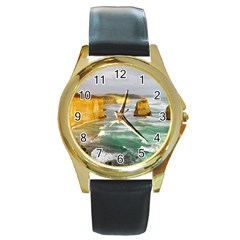 Coastal Landscape Round Gold Metal Watch by Modern2018