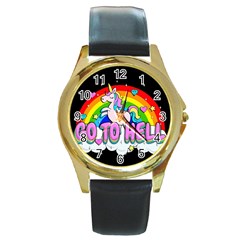 Go To Hell - Unicorn Round Gold Metal Watch by Valentinaart