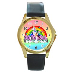 Go To Hell - Unicorn Round Gold Metal Watch by Valentinaart