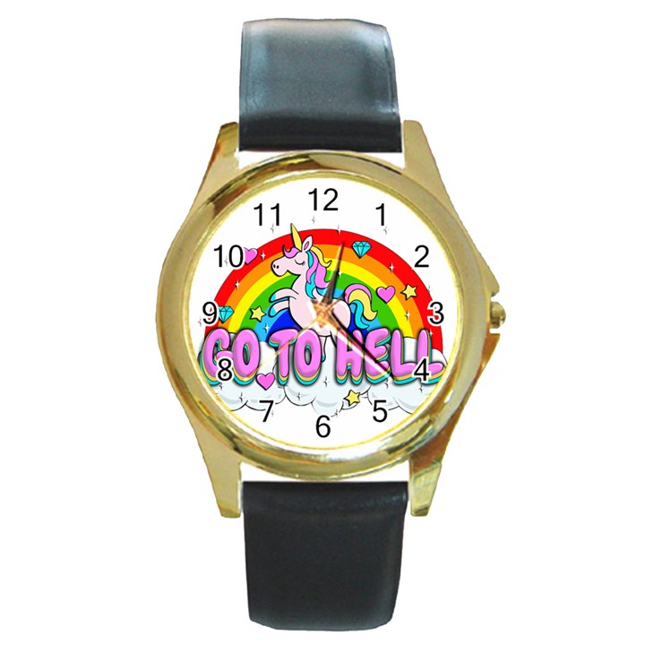 Go to Hell - Unicorn Round Gold Metal Watch