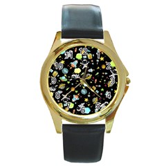 Space Pattern Round Gold Metal Watch by Valentinaart