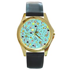 Space Pattern Round Gold Metal Watch by Valentinaart