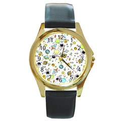 Space Pattern Round Gold Metal Watch