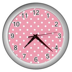 Pink Polka Dot Background Wall Clocks (silver)  by Modern2018