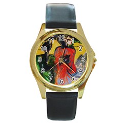 Road To The Mountains Round Gold Metal Watch