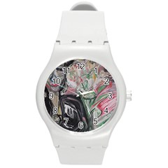 Lady With Lillies Round Plastic Sport Watch (m) by bestdesignintheworld