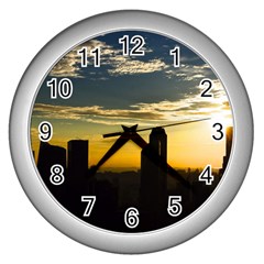 Skyline Sunset Buildings Cityscape Wall Clocks (silver)  by Simbadda