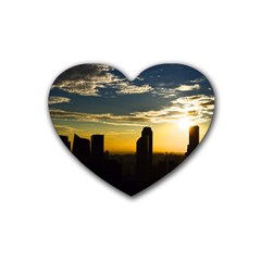 Skyline Sunset Buildings Cityscape Rubber Coaster (heart)  by Simbadda