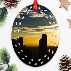 Skyline Sunset Buildings Cityscape Oval Filigree Ornament (two Sides) by Simbadda