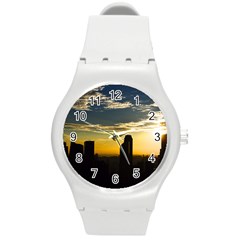 Skyline Sunset Buildings Cityscape Round Plastic Sport Watch (m) by Simbadda