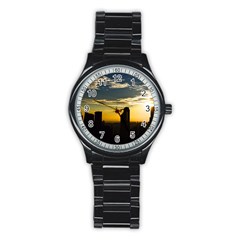 Skyline Sunset Buildings Cityscape Stainless Steel Round Watch by Simbadda