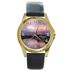 Sunset Melbourne Yarra River Round Gold Metal Watch by Simbadda