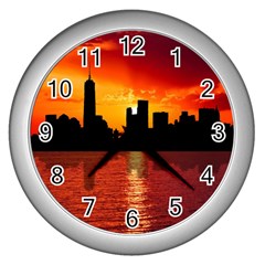 Skyline New York City Sunset Dusk Wall Clocks (silver)  by Simbadda