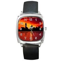 Skyline New York City Sunset Dusk Square Metal Watch