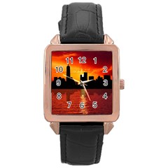 Skyline New York City Sunset Dusk Rose Gold Leather Watch  by Simbadda