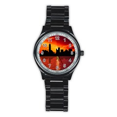 Skyline New York City Sunset Dusk Stainless Steel Round Watch