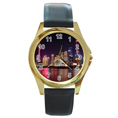 Building Skyline City Cityscape Round Gold Metal Watch