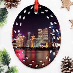 Building Skyline City Cityscape Oval Filigree Ornament (two Sides) by Simbadda