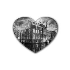 Reflection Canal Water Street Rubber Coaster (heart)  by Simbadda