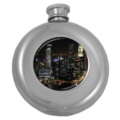 City At Night Lights Skyline Round Hip Flask (5 Oz) by Simbadda