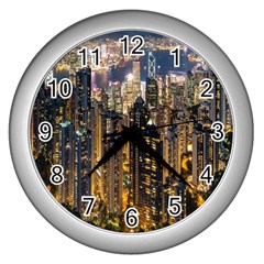 Panorama Urban Landscape Town Center Wall Clocks (silver)  by Simbadda