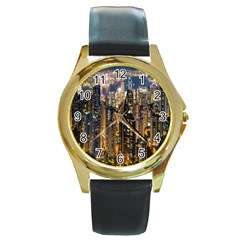 Panorama Urban Landscape Town Center Round Gold Metal Watch