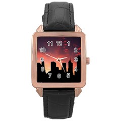 Skyline Panoramic City Architecture Rose Gold Leather Watch  by Simbadda