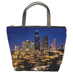 Skyline Downtown Seattle Cityscape Bucket Bags by Simbadda